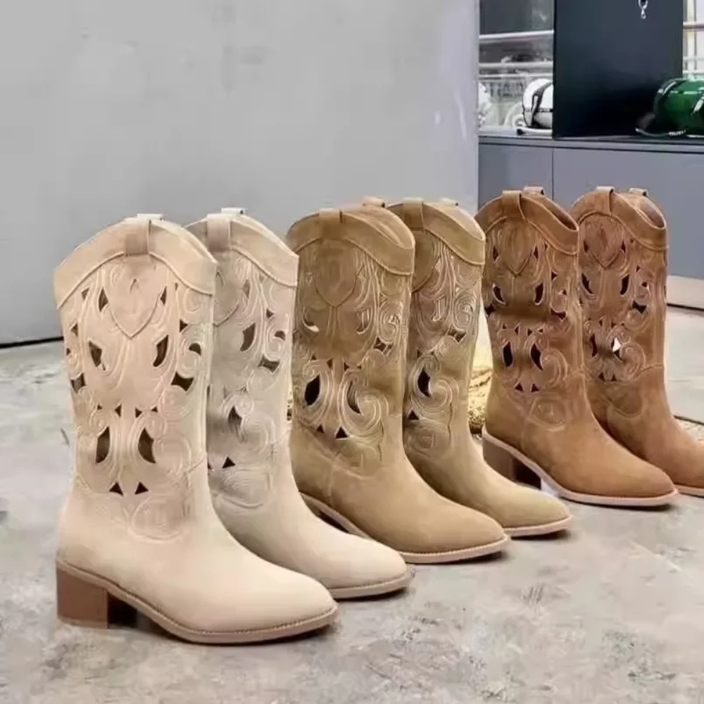 W&W Mode | Bestickte Westernstiefel Damen mit Dekorativen Ausschnitten, Cowboystiefel Damen