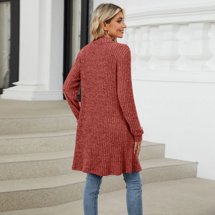W&W Mode | Lange Strickjacken Damen Gerippte Offene Vorderseite Jacke mit Taschen