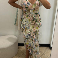 WW | V-Ausschnitt Asymmetrischer Saum Rüschen Floralprint Maxi Cami Kleid