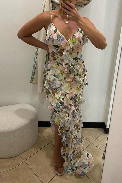 WW | V-Ausschnitt Asymmetrischer Saum Rüschen Floralprint Maxi Cami Kleid