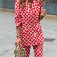 WW | Rosiedress Geometrischer Druck Revers Doppelt Knopf Blazer und Flare-Hosen Set