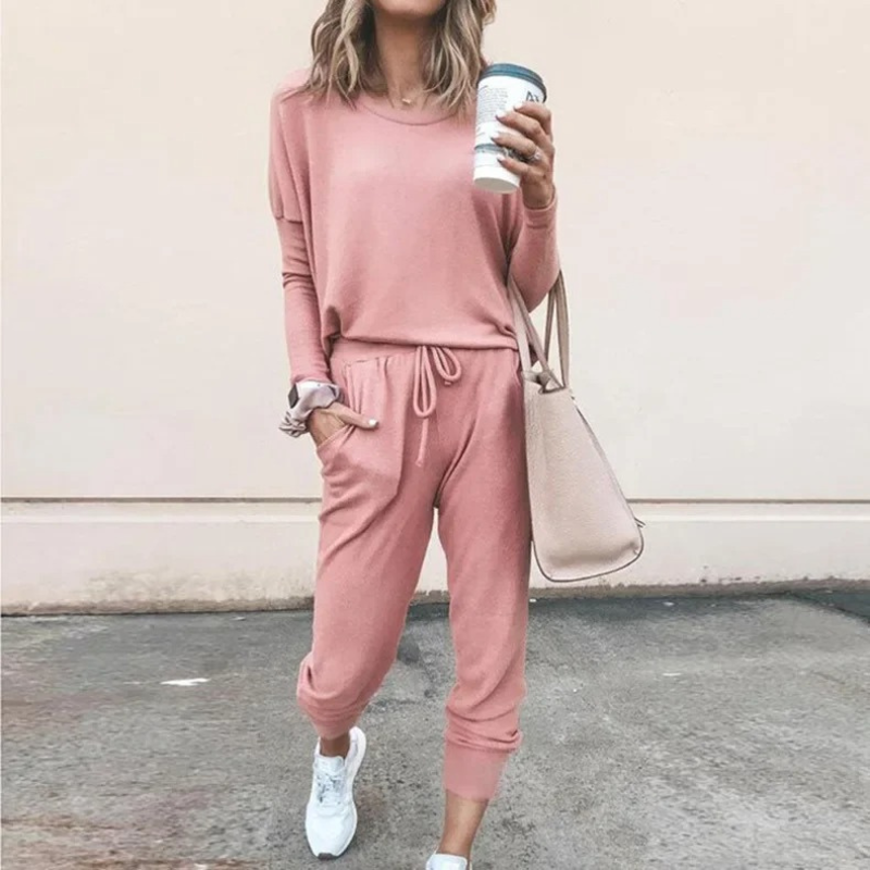W&W Mode | Damen Hausanzug Bequemer Zweiteiler Mit Kordelzug Und Langarmshirt
