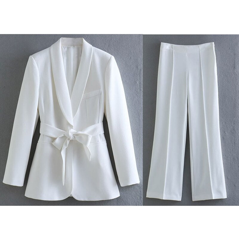 W&W Mode 2-teiliger Damenanzug | Eleganter Blazer mit Gürtel und passender Hose