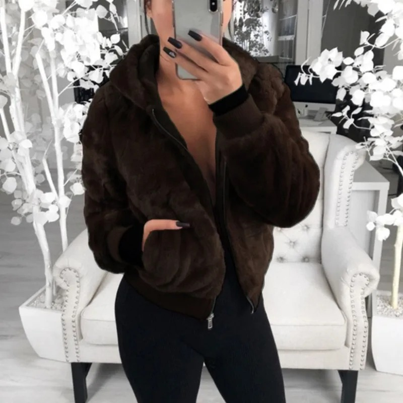 WW | Teddy Jacke Damen Kurzjacke Mit Kapuze Und Reißverschluss