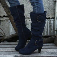 WW | Damen Knielange Stiefel mit Reißverschluss und Schnalle Stilvolle Hohe Stiefel