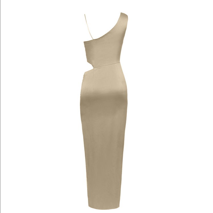 Asymmetrisches, figurbetontes Maxikleid mit hohem Schlitz | Braun