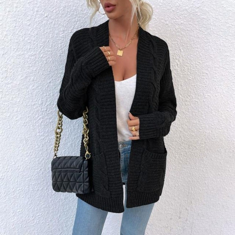 WW | Damen Strickjacke Mit Zopfmuster, Offenes Design, Lässig Und Bequem