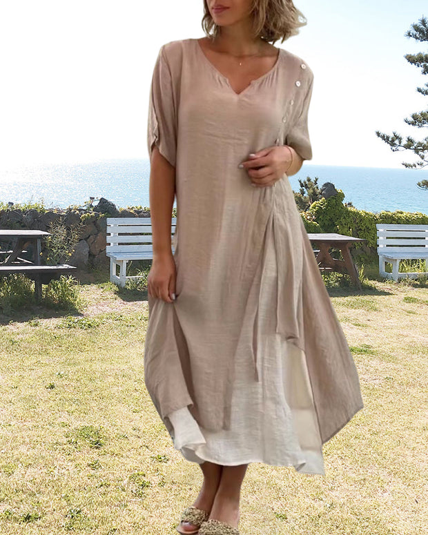 WW | Asymmetrisches Kleid mit kurzen Ärmeln und V-Ausschnitt