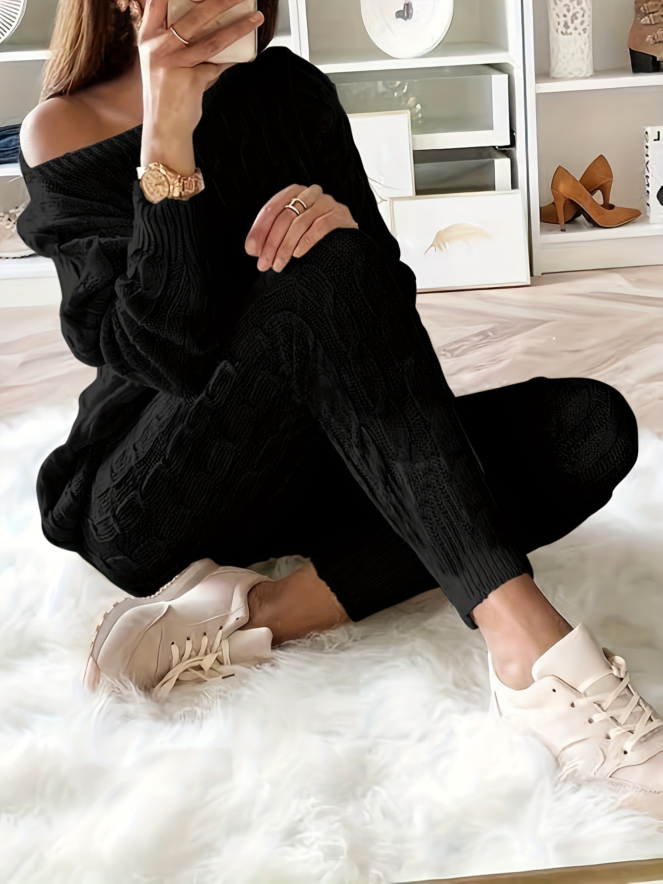 WW Gestricktes Passendes Sweatshirt & Hosen Outfits Zweiteiliges Set