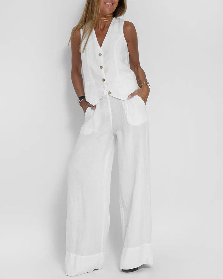 WW | Elegantes 2 Teiliges Satz Aus Weiter Leinenhose Und Weste