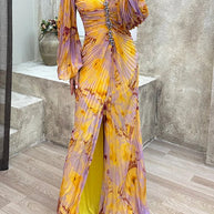 WW | Sunset Serenade Bedrucktes Off-Shoulder Maxikleid mit Diamantverzierungen und Faltenröcken mit Schlitz