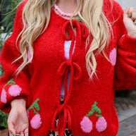 WW | Gebundene Kirsche Rundhalsausschnitt Langarm Cardigan