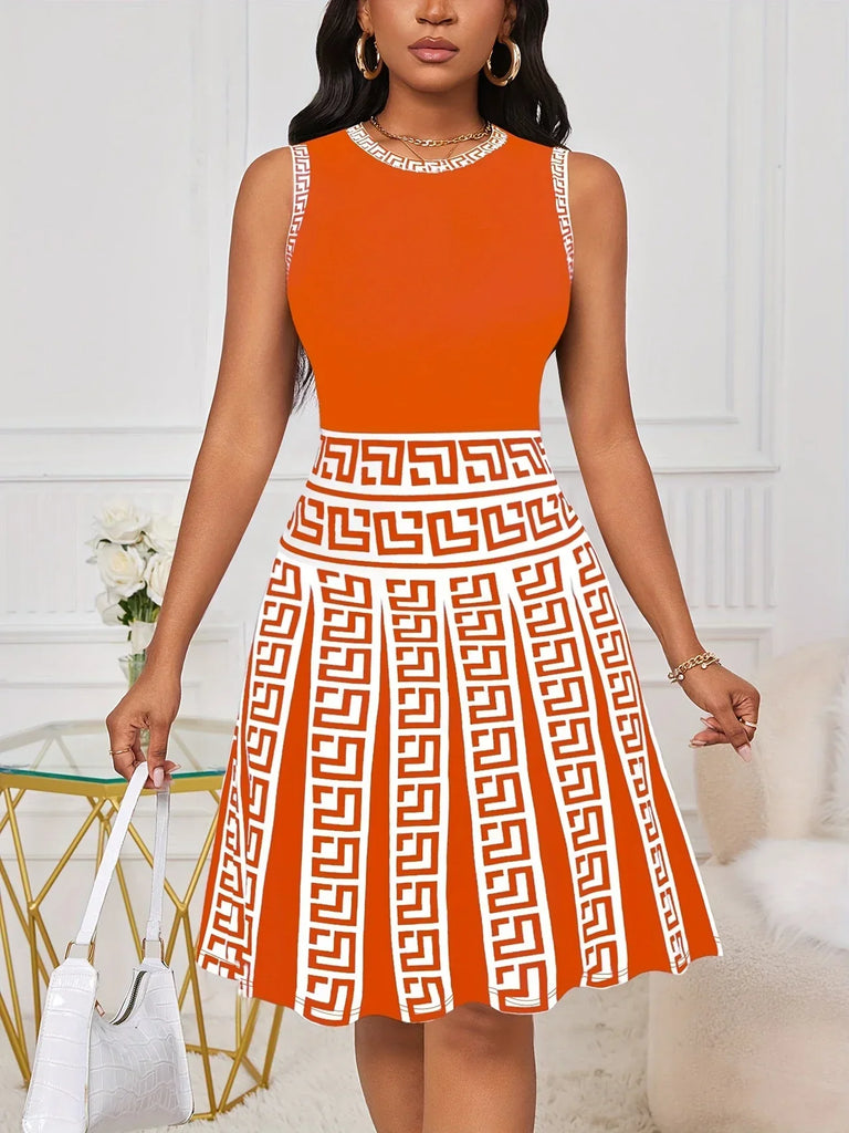 WW | Sommerkleid mit Geometrischem Druck Ohne Ärmel, Elastische A-Linie