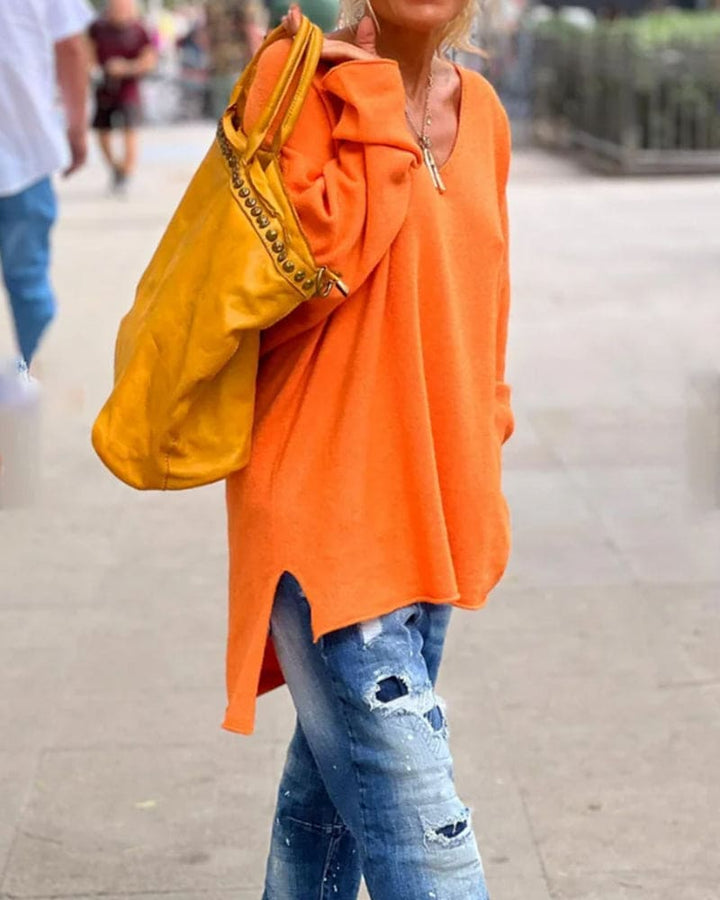 W&W Mode | Oversize Orangefarbener V Ausschnitt Pullover