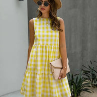 WW | Mode, Locker Geschnittenes Damenkleid mit Rundhalsausschnitt, Kariert Pastelmittelrock