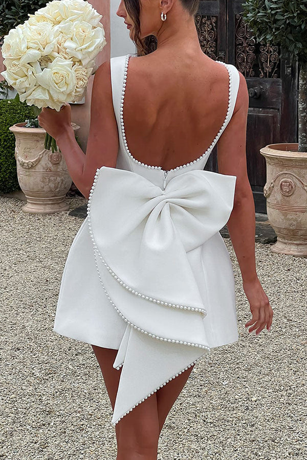 WW | Stylisches mit Perlen Verziertes Großes Schleifen Slim-Fit Mini-Kleid