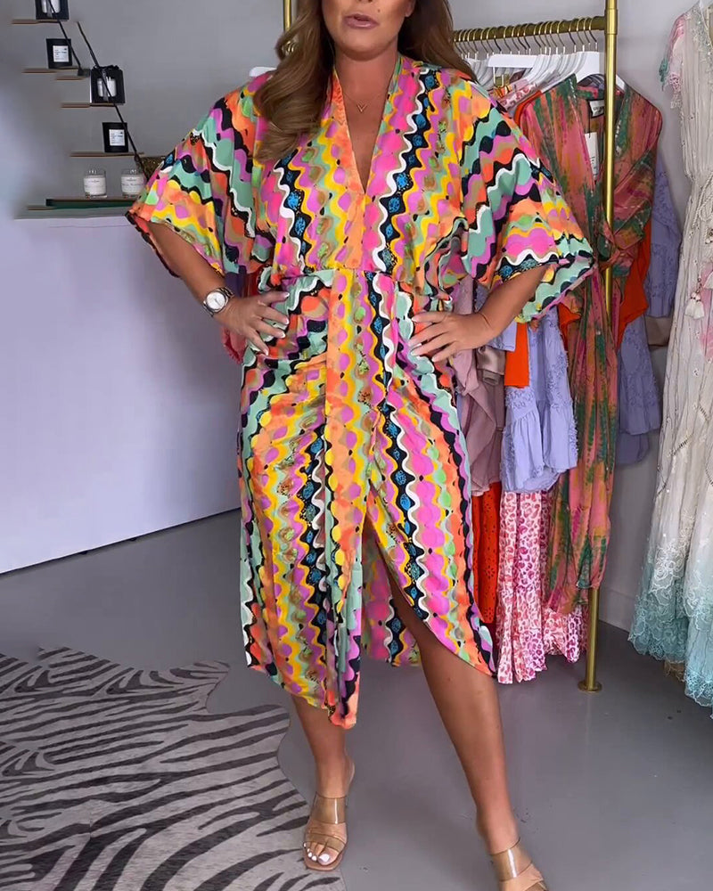 WW | Farbige Kleid mit V-Ausschnitt und Halben Ärmeln