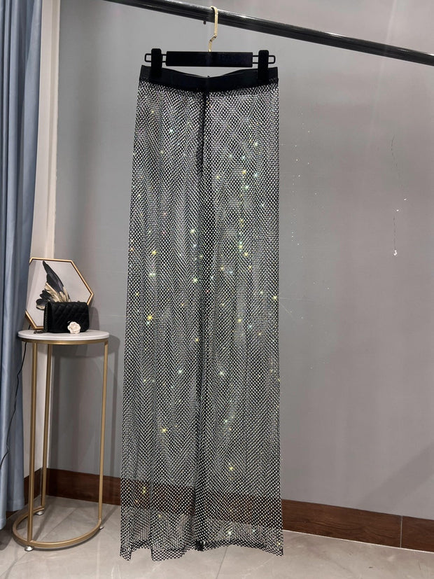 WW | Rhinestone Gerade Netz Weite Bein Slim Fit Schmeichelnde Mop Hosen