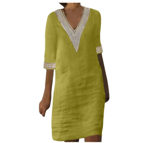 W&W Mode | Schlichtes Baumwoll Leinen Kleid Mit V-Ausschnitt Und Halben Ärmeln