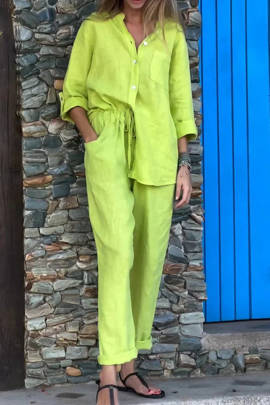 WW | Lässiges V-Ausschnitt Shirt & Hosen Baumwoll-Leinen Set