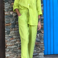 WW | Lässiges V-Ausschnitt Shirt & Hosen Baumwoll-Leinen Set