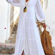 WW | Seraphina Baumwoll-Leinen-Mischung Knopf-Up Gestuftes Maxikleid