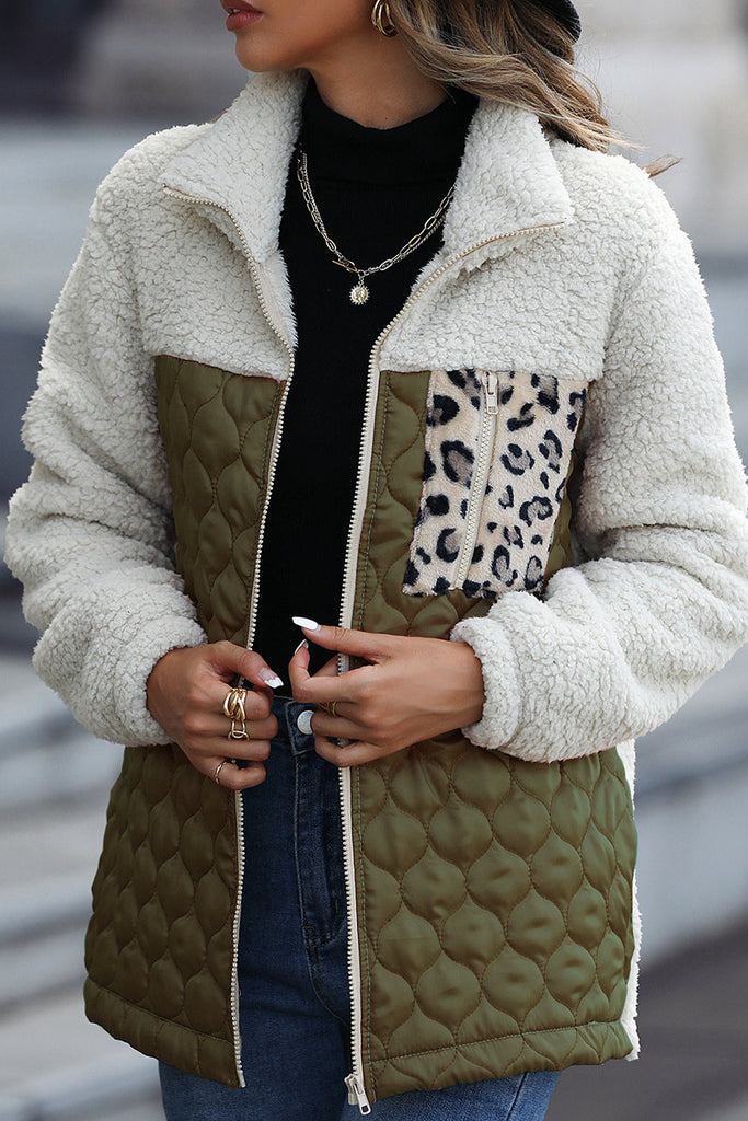 WW | Élise Sherpa Jacke Mit Reißverschluss Und Stehkragen Mit Leoparden Patches