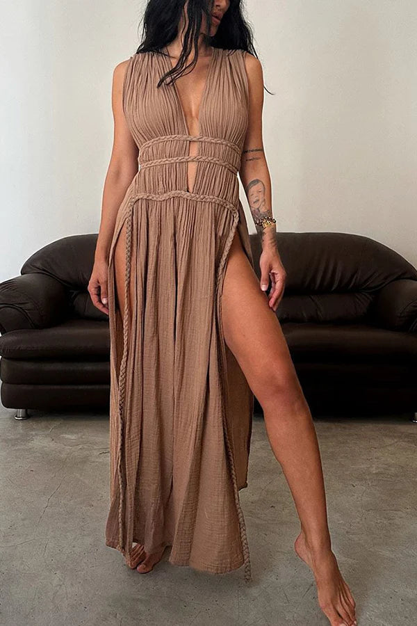 WW | Boho mit Eleganz Leinenmix Zöpfe Gürtel Cutout Schlitz Kaftan Maxi Kleid