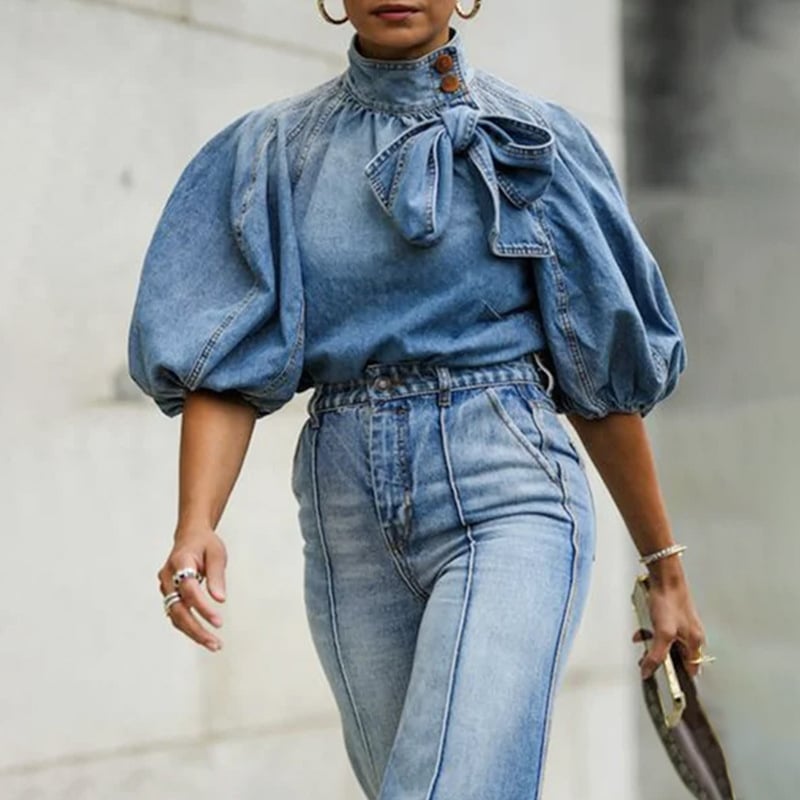 WW | Damen Rollkragenpullover Aus Baumwolle Mit Schnürung Aus Denim