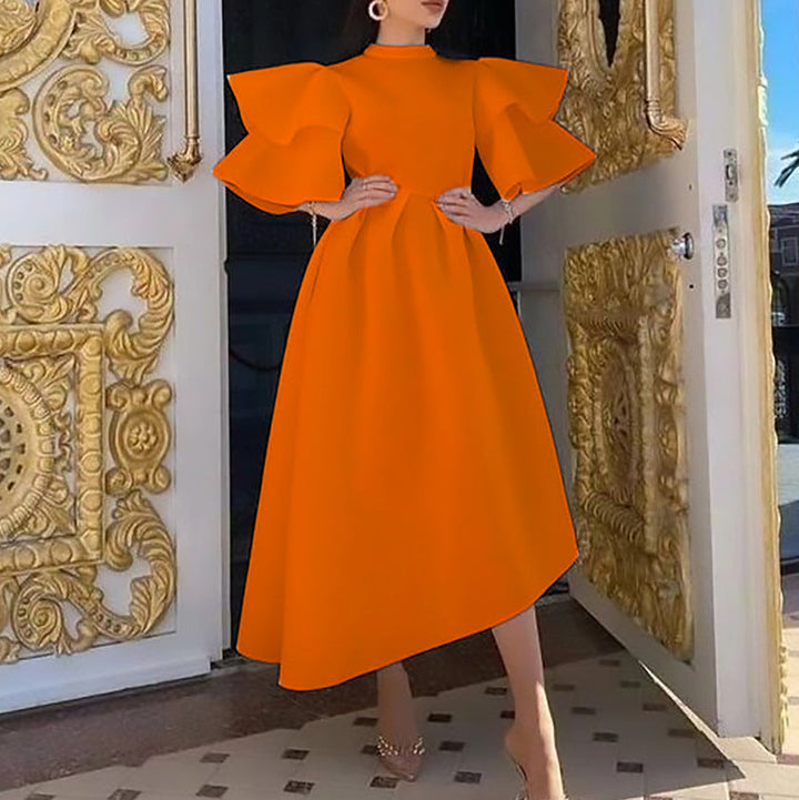 Damen Midikleid mit Stehkragen, hoher Taille und Trompetenärmeln