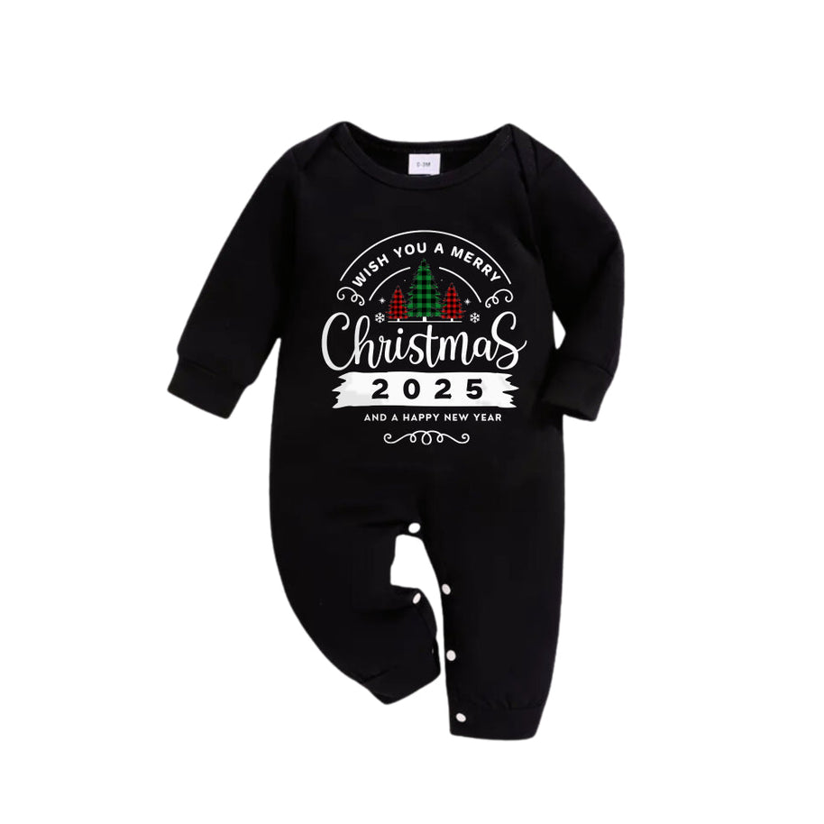 WW | Weihnachtsfamilien-Pyjamas passend - Schwarzes Oberteil und grüne karierte Hose Pjs Set mit "Wünsche dir frohe Weihnachten 2025" Druck