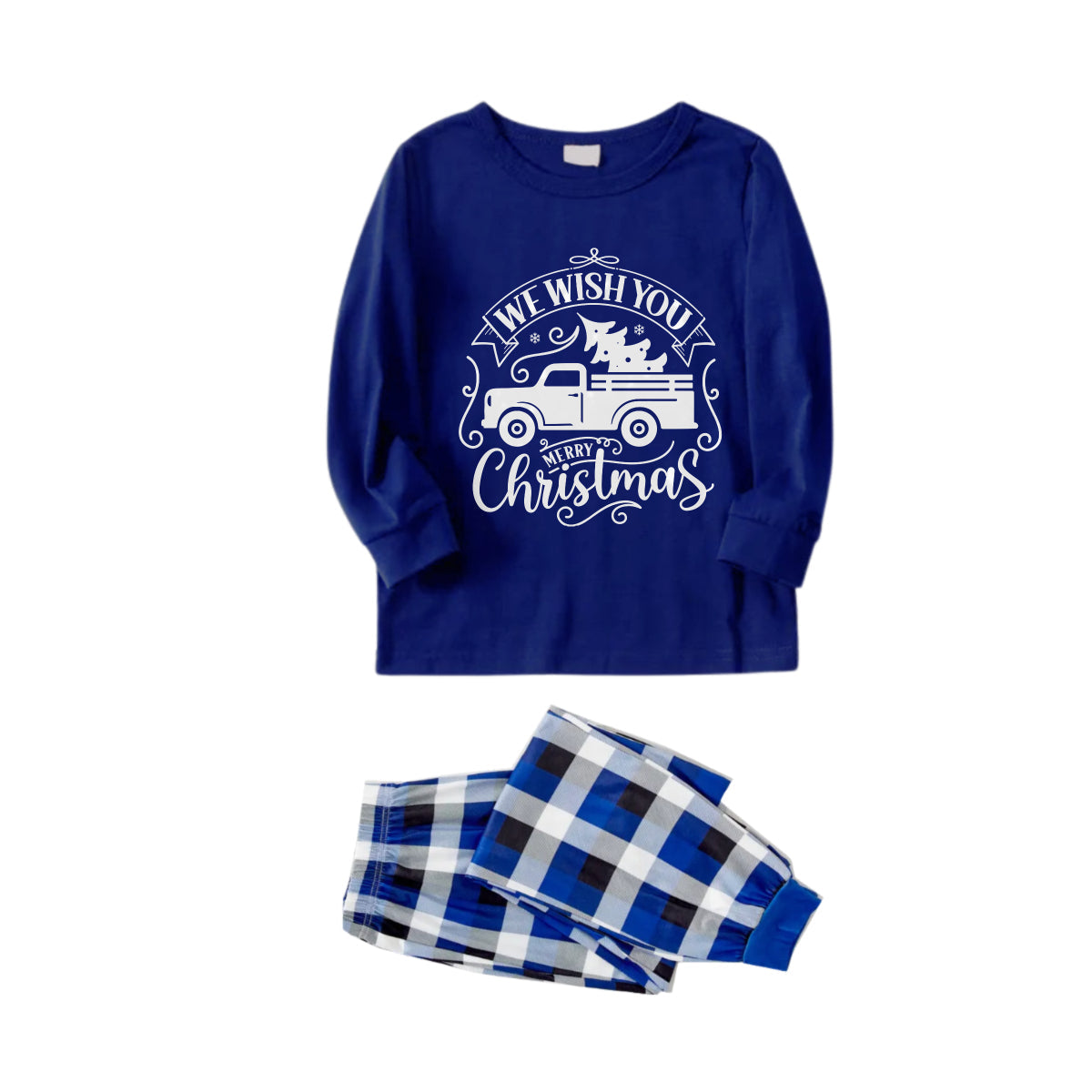 WW | Weihnachtsfamilienpassende Pyjamas - Marineblau & Weißer karierten PJs Set mit Weihnachtsauto und 