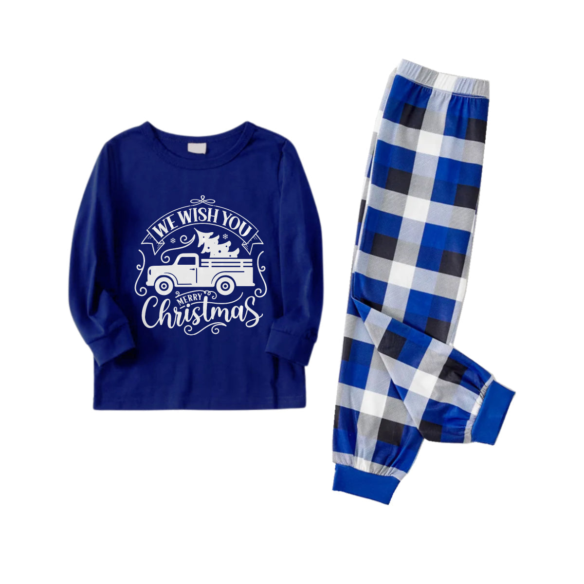 WW | Weihnachtsfamilienpassende Pyjamas - Marineblau & Weißer karierten PJs Set mit Weihnachtsauto und 