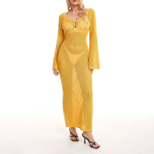 W&W Mode | Maxi Strickkleid Häkeltextur V-ausschnitt Lange Ärmel Fließender Boho Stil