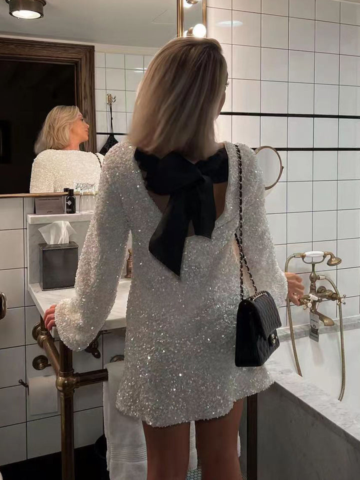 W&W Mode Kleid | Elegantes Glitzerkleid mit Schleifenverschluss am Rücken