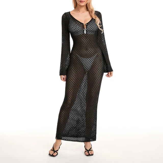 WW | Maxi Strickkleid Häkeltextur V-ausschnitt Lange Ärmel Fließender Boho Stil