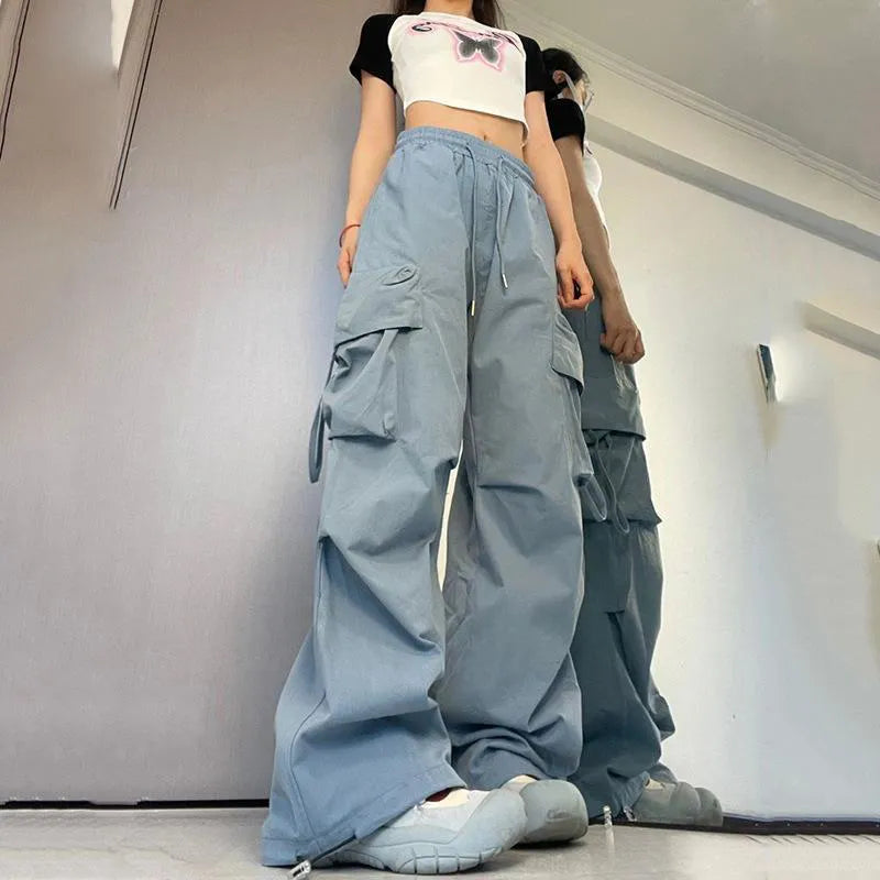 WW | Frauen Y2K Cargo Hosen Hohe Taille Streetwear Hip Hop Hosen Damen Shop Taschen Lässig Niedrige Taille Schnürung Baggy Sweatpants