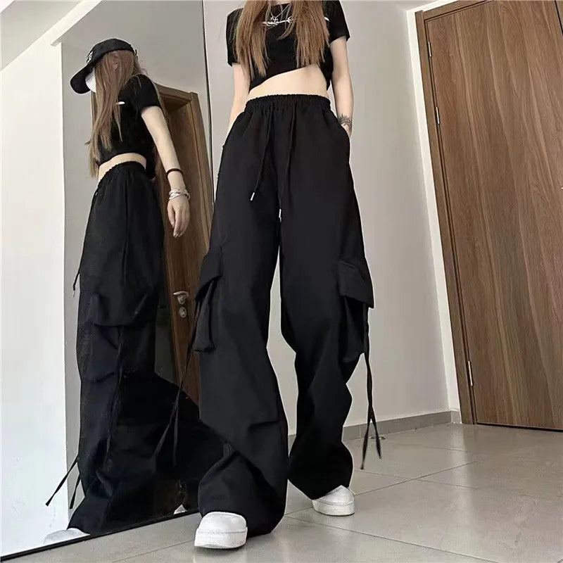 WW | Frauen Y2K Cargo Hosen Hohe Taille Streetwear Hip Hop Hosen Damen Shop Taschen Lässig Niedrige Taille Schnürung Baggy Sweatpants