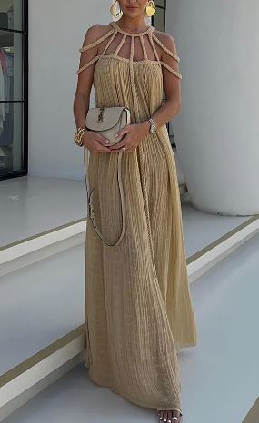 WW | Modern und Raffinierte Maxikleid mit Drapierten Zöpfen In Leinenmischung