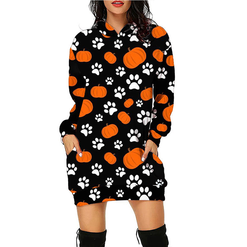 WW | Halloween-Druck midilange Taschen Kapuzen langärmliger Pullover