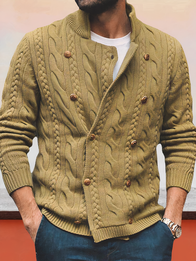 WW | Zweireihiger Strickjacke Mit Zopfmuster