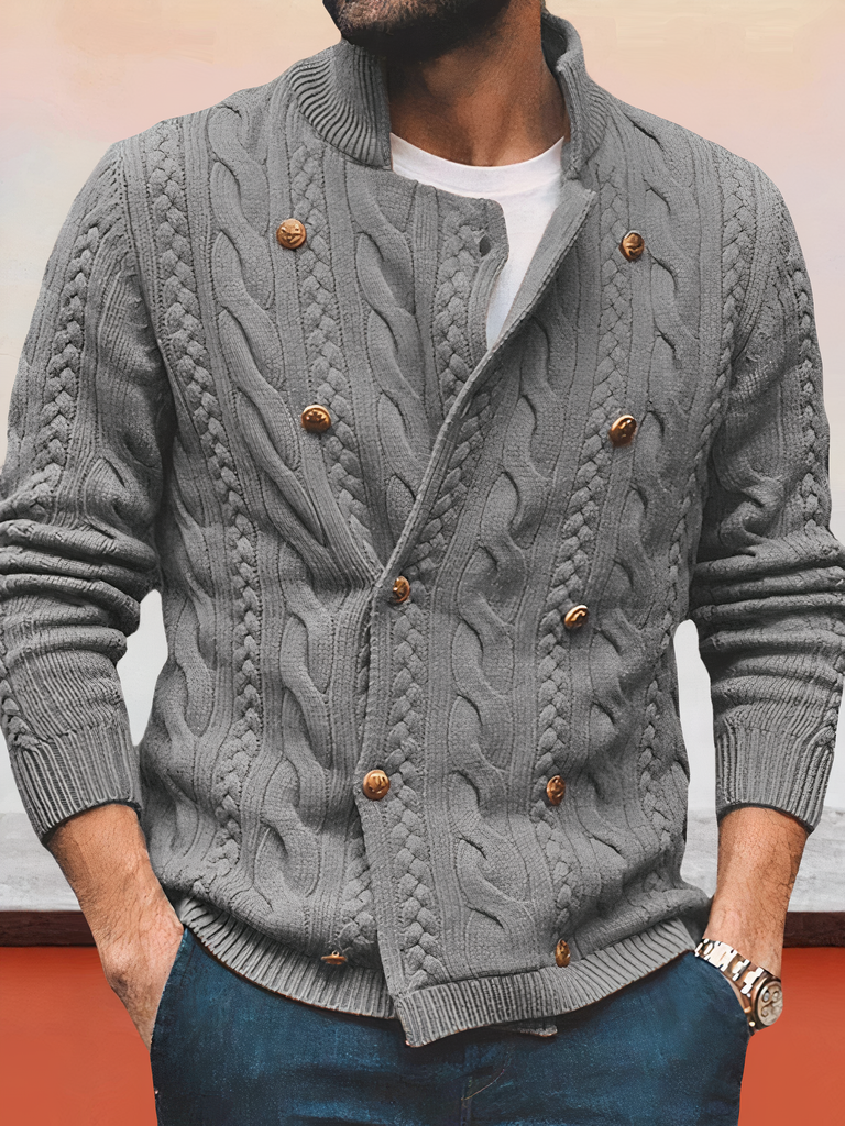 WW | Zweireihiger Strickjacke Mit Zopfmuster
