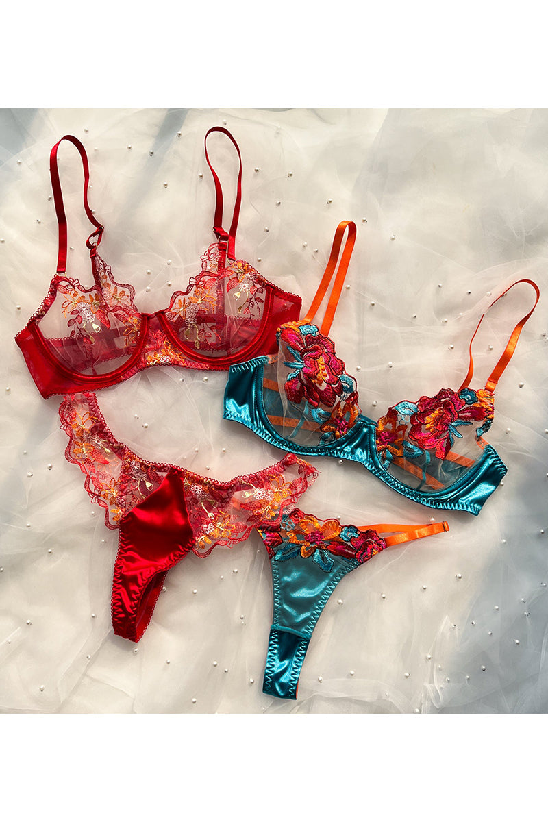 WW | Satin Durchsichtige Blumen 3 Teile Lingerie Set