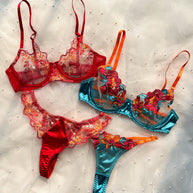 WW | Satin Durchsichtige Blumen 3 Teile Lingerie Set