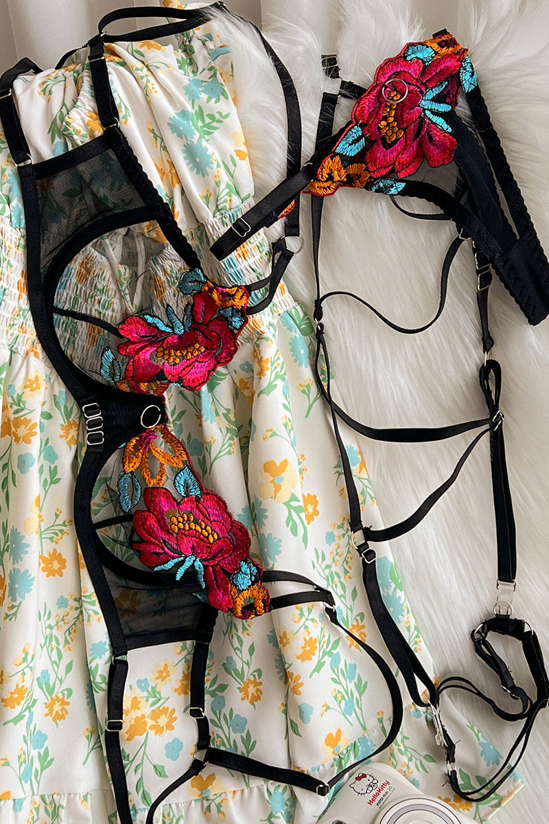 WW | Satin Durchsichtige Blumen 3 Teile Lingerie Set