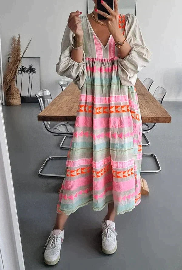 WW | Maxi-Kleid mit Langen Ärmeln und V-Ausschnitt