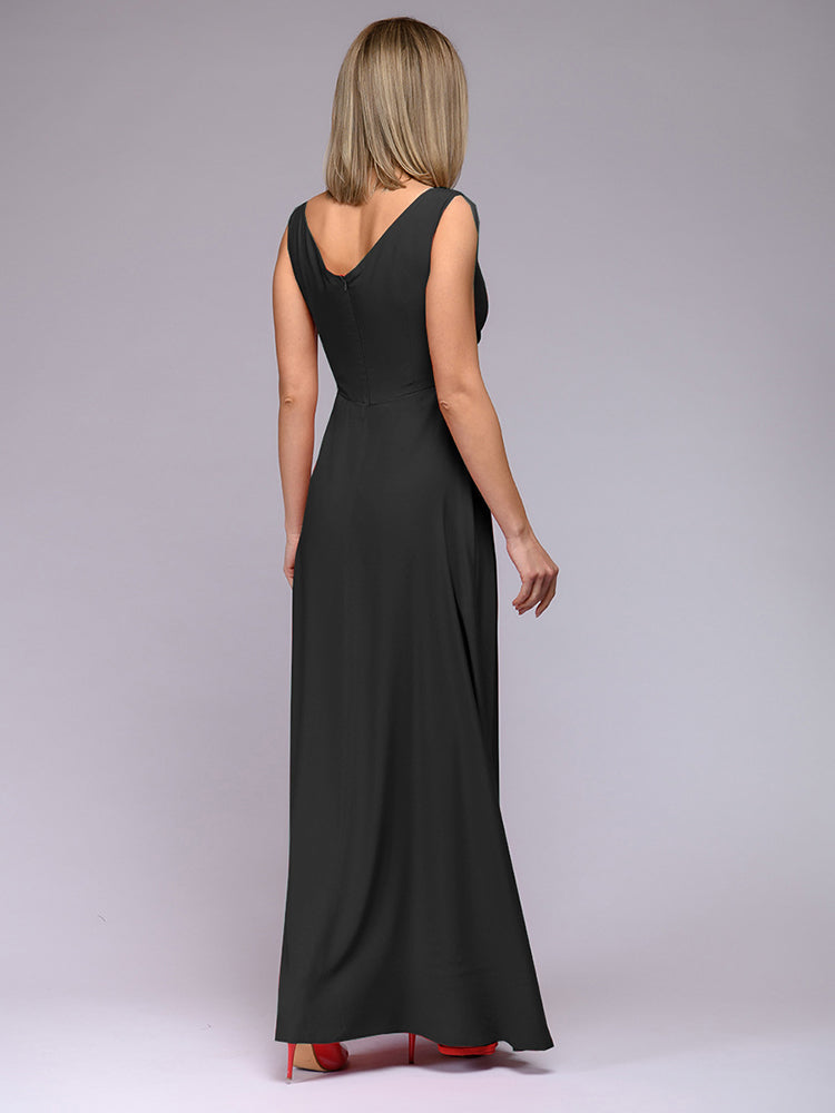 Damen elegantes Maxikleid mit tiefem V-Ausschnitt und Schlitz