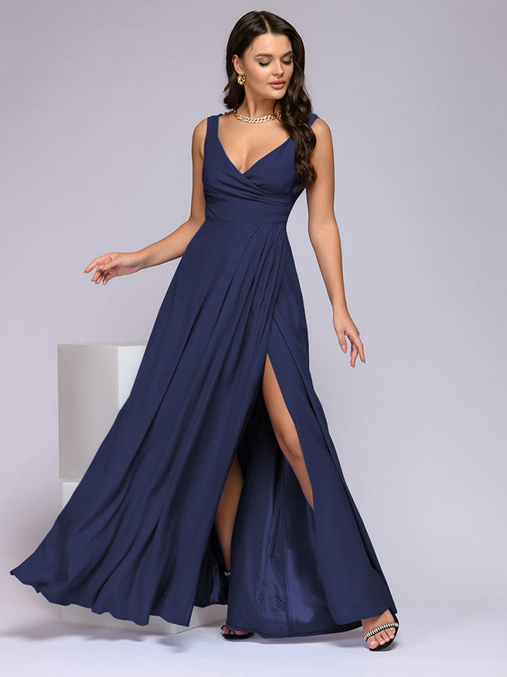 Damen elegantes Maxikleid mit tiefem V-Ausschnitt und Schlitz