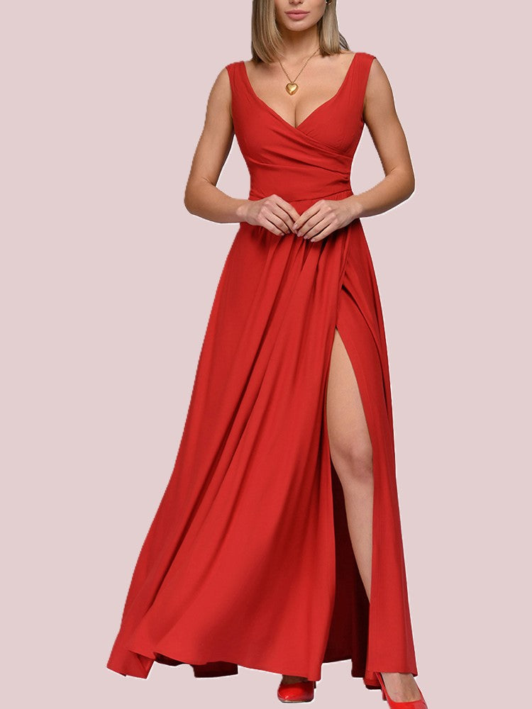 Damen elegantes Maxikleid mit tiefem V-Ausschnitt und Schlitz