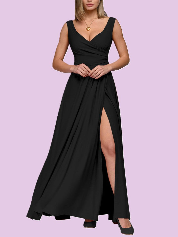 Damen elegantes Maxikleid mit tiefem V-Ausschnitt und Schlitz